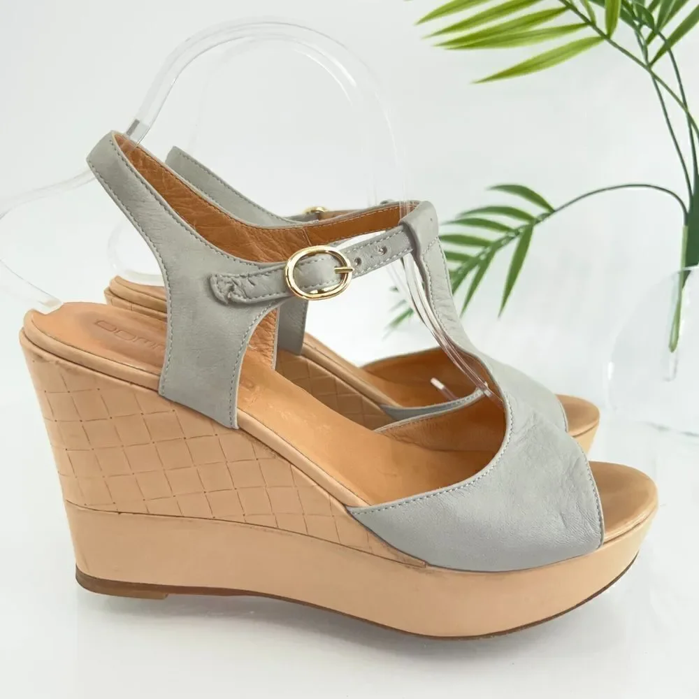 Pomme D'or Sandals Women's Size 39 8 Blue Gray Leather T-Strap Platform Wedge - Picture 3 of 16